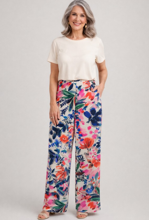 Pantalón largo bolsillos pata ancha estampados