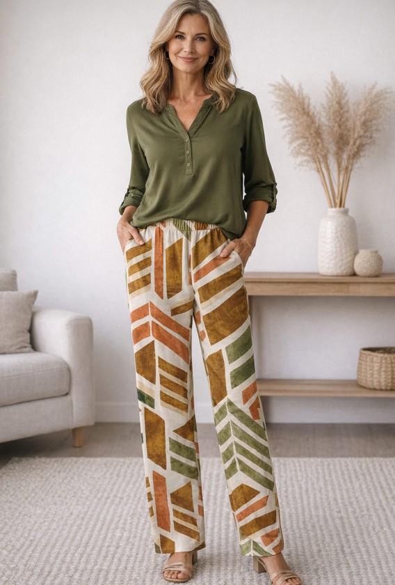 Pantalón largo bolsillos pata ancha estampados