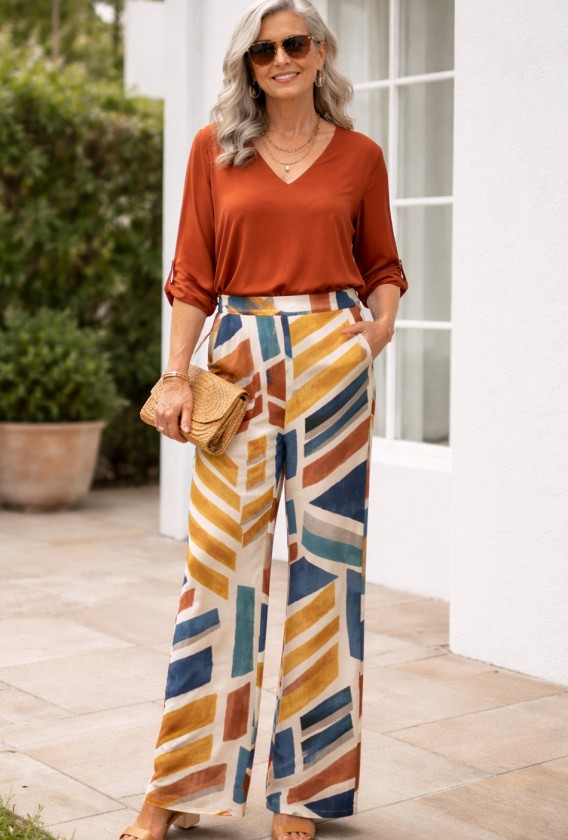 Pantalón largo bolsillos pata ancha estampados