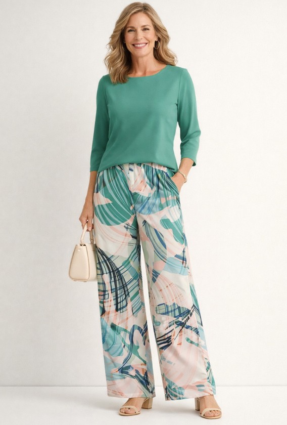 Pantalón largo bolsillos pata ancha estampado flores