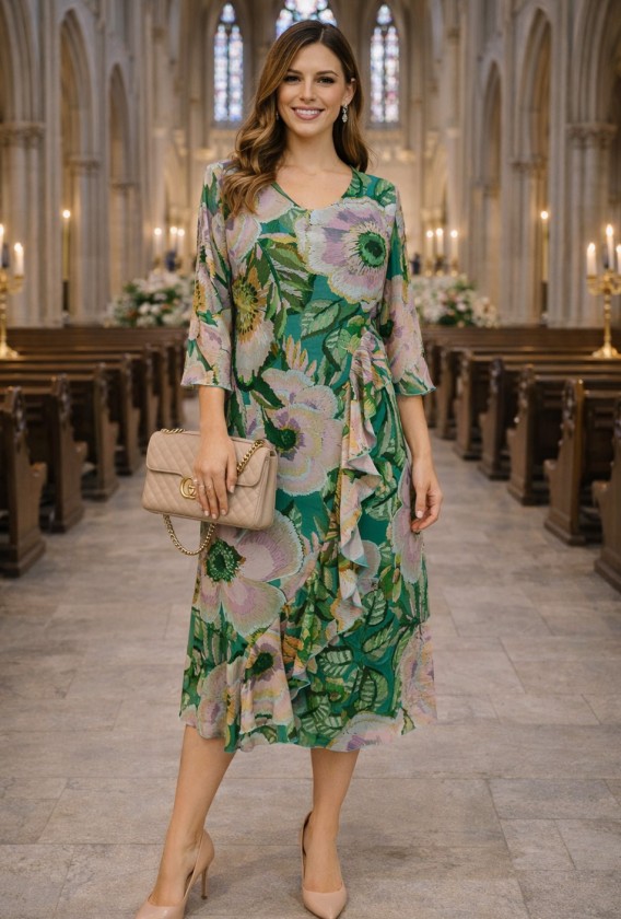 Vestido liso volante estampado gasa midi