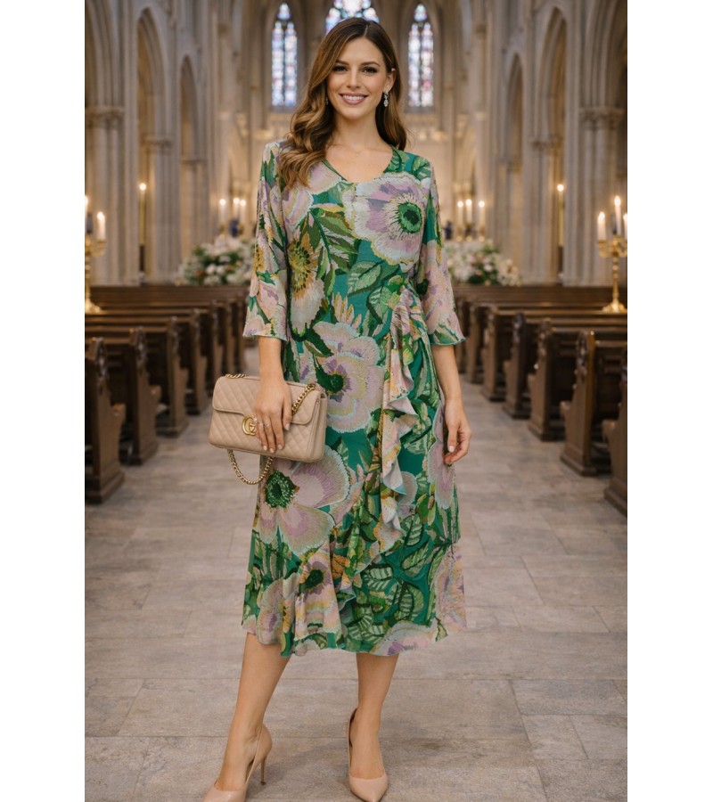 Vestido liso volante estampado gasa midi