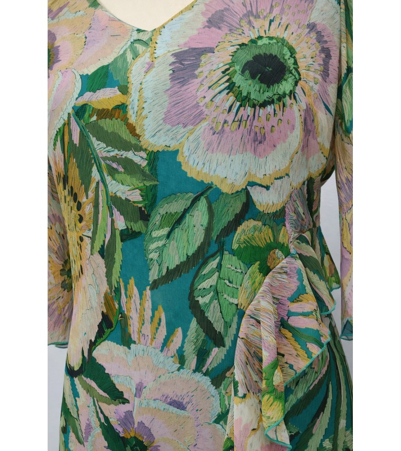 Vestido liso volante estampado gasa midi